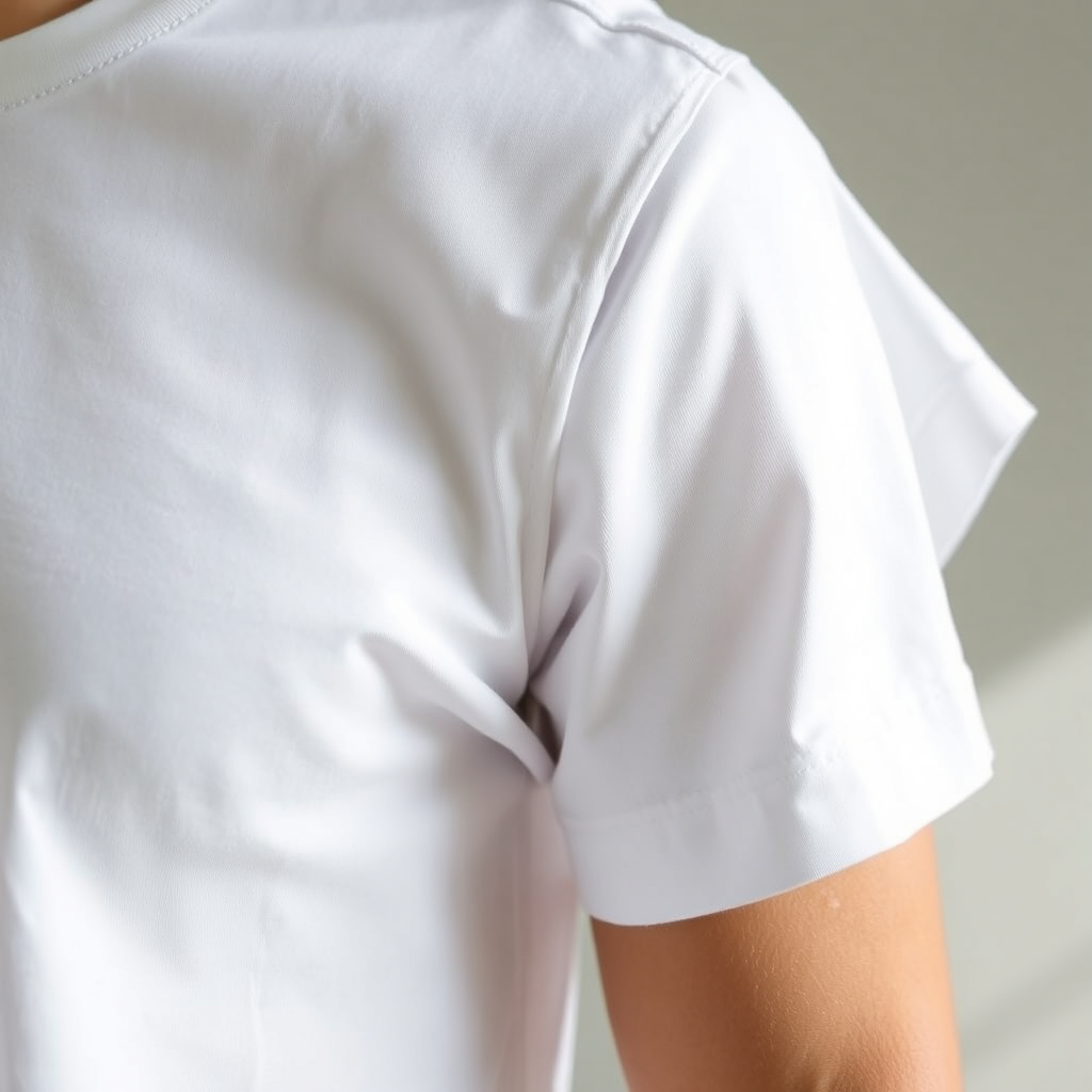 A close-up shot of a white sublimation blank t-shirt, highlighting the smooth texture and clean lines of the fabric. The lighting is soft and diffused, emphasizing the quality of the material. The background is blurred to draw attention to the t-shirt. Style is minimalistic and focuses on quality.
