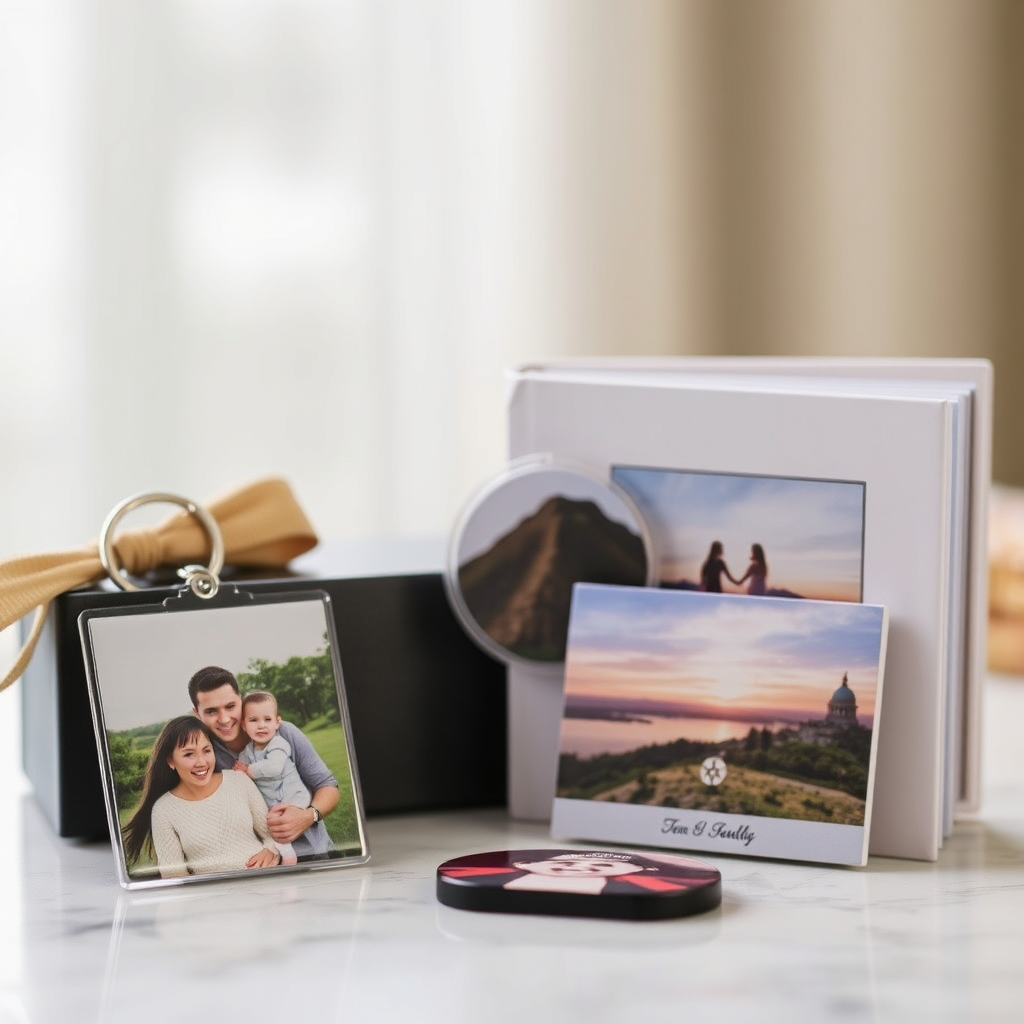 A collection of sublimated gifts including a keychain with a family photo, a magnet with a scenic landscape, and a small personalized photo album. The items are arranged on a table with soft, diffused lighting. The background is blurred to emphasize the gifts. Style is sentimental and personalized.