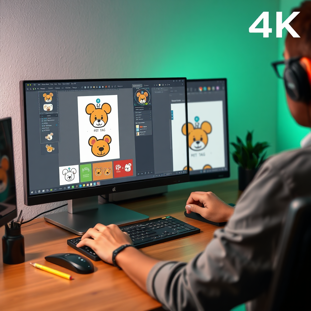 A creative 4K image showing a digital designer working on a custom pet tag design on a computer, with various design elements and tools visible on the screen. Style: Creative process.