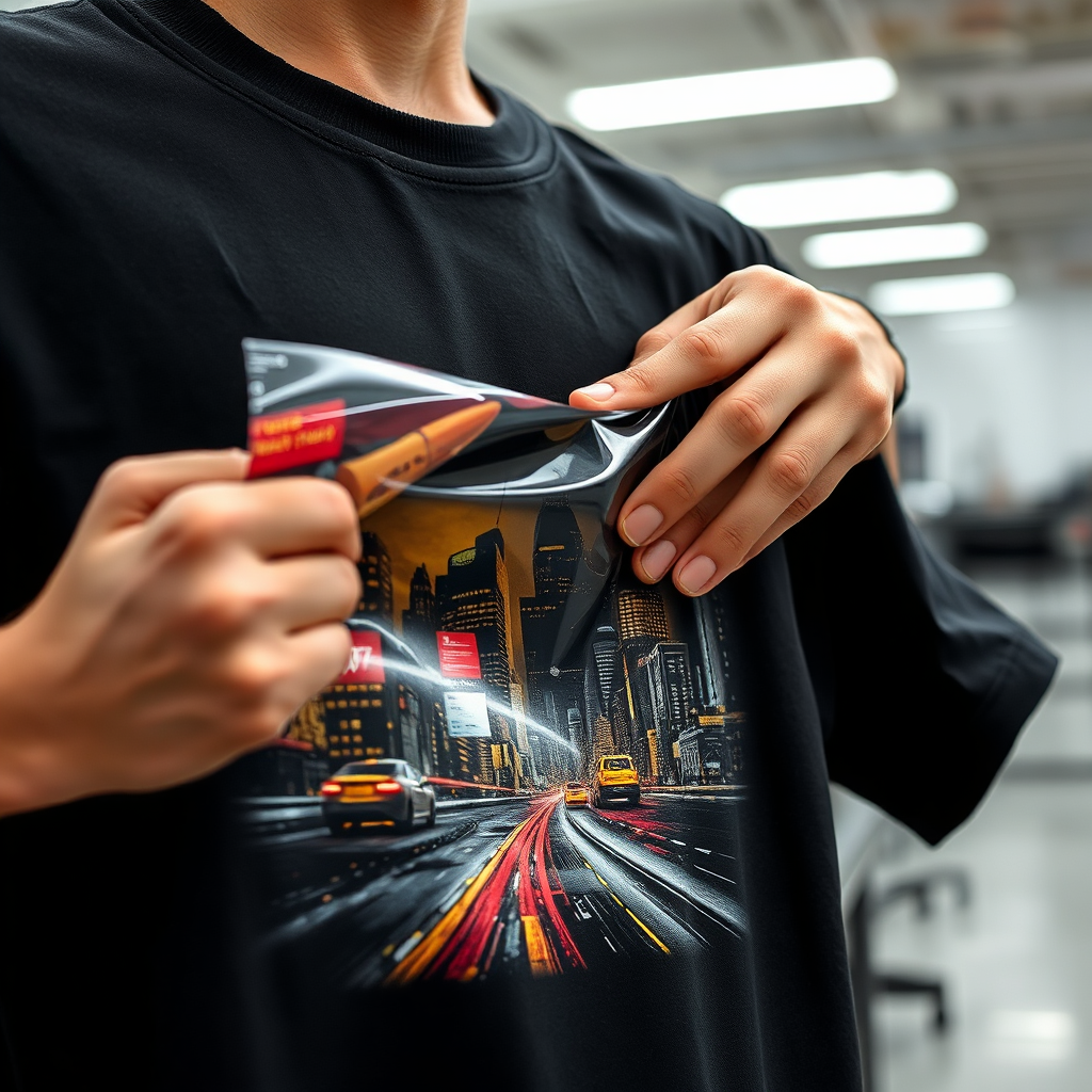 DTF transfer being applied to a shirt