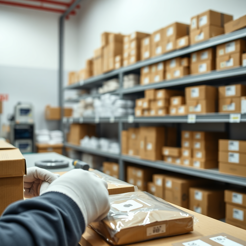 A dynamic shot in 4K showing a pet tag being packaged and prepared for shipping in a clean and efficient fulfillment center. Focus on the speed and precision of the packaging process. The background features shelves stocked with pre-made tags and shipping supplies. Style: E-commerce logistics.