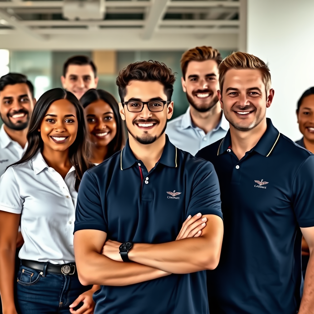 Professionals wearing custom branded apparel