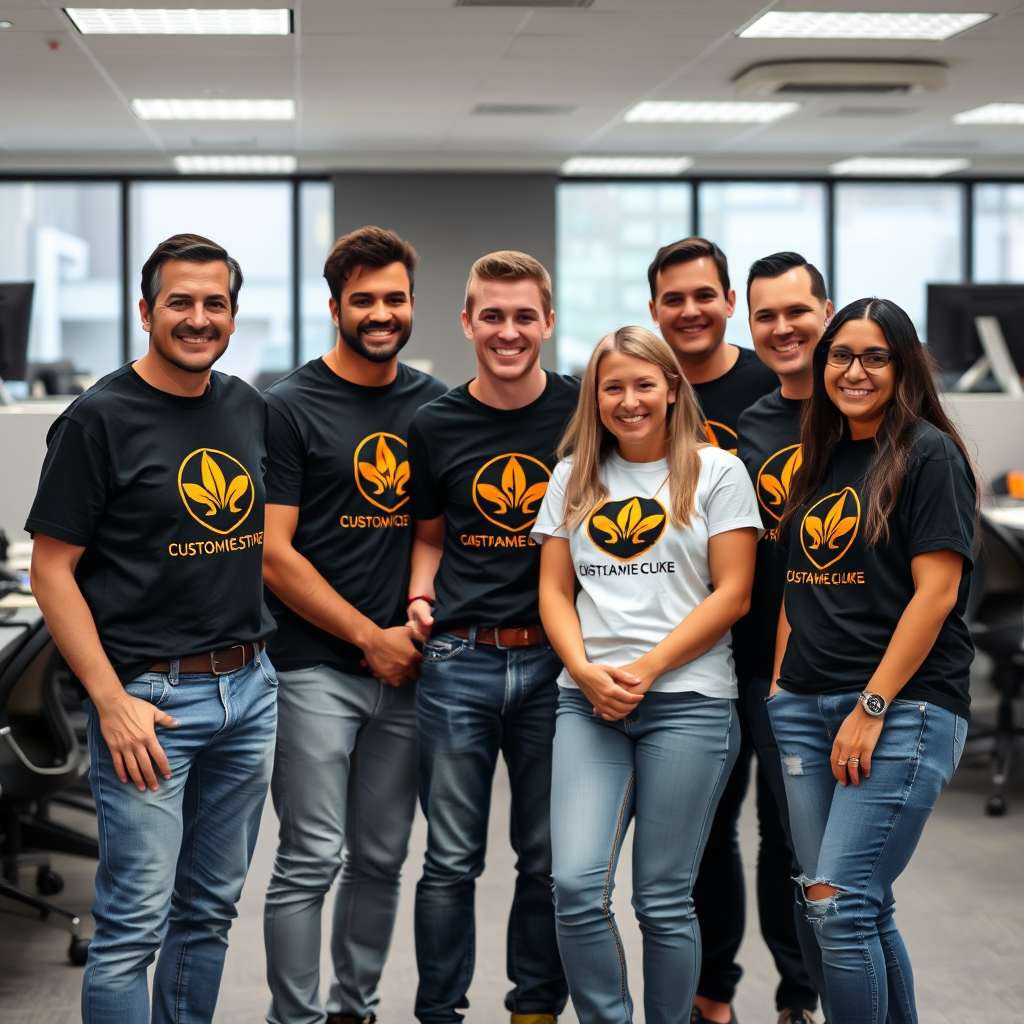 A group of people wearing custom-designed t-shirts with a company logo, standing together and smiling. The scene is brightly lit, highlighting the unity and camaraderie of the group. The background is a professional workplace setting. Style is collaborative and inviting.