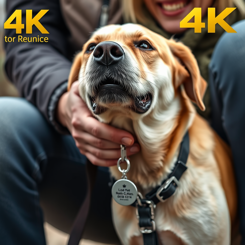 A heartwarming 4K image of a lost dog being reunited with its owner. The dog is wearing a pet tag with clear contact information, which helped facilitate the reunion. The scene is emotional and joyful. Style: Real-life moment.