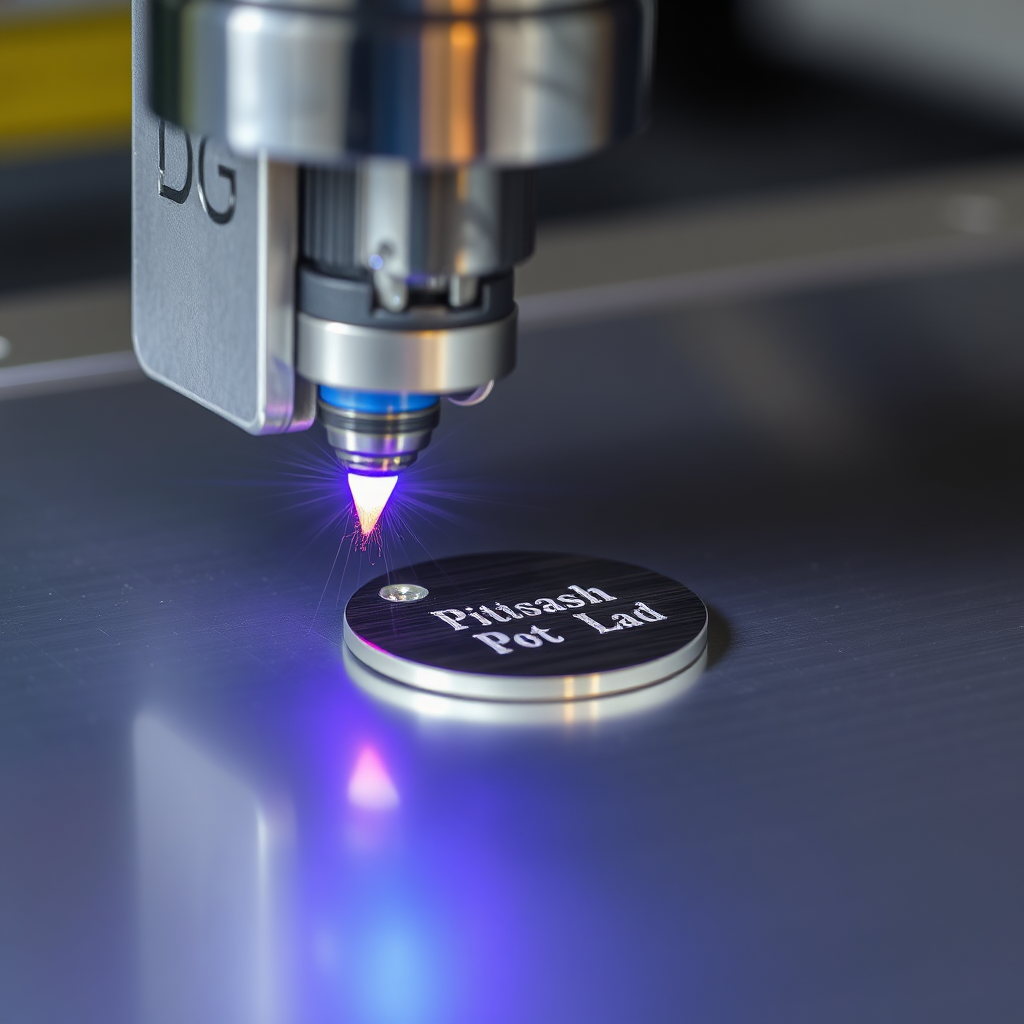 A high-resolution 4K image showcasing a laser engraving machine in action, precisely etching information onto a stainless steel pet tag. Focus on the beam and the detail of the engraving. Style: Industrial photography.