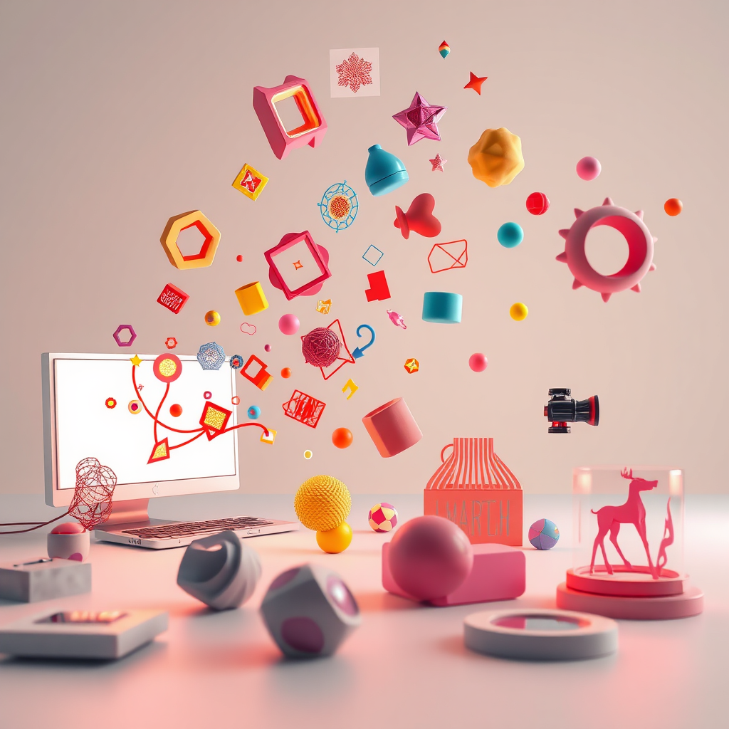 A 4K image portraying a collaborative design consultation. The scene shows a designer and a client reviewing a 3D model on a large screen, with various samples of 3D-printed and laser-engraved materials scattered across the table. The lighting is warm and inviting, creating a comfortable and collaborative atmosphere. The color palette is neutral and professional, with pops of vibrant colors from the sample materials. The camera angle is a close-up, focusing on the interaction between the designer and the client. Style reference: Modern office photography with a focus on collaboration and expertise.