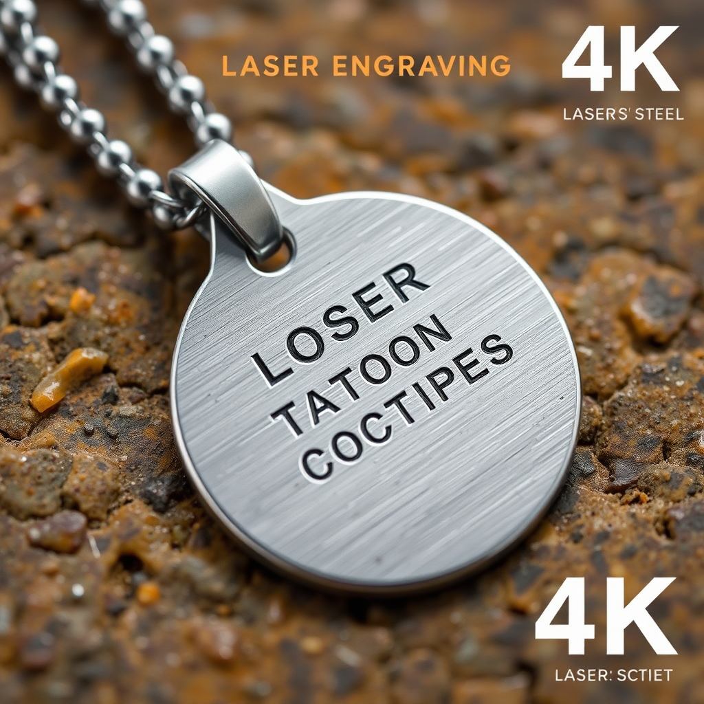 A macro photograph in 4K showcasing the durability of a laser-engraved pet tag. The tag is made of stainless steel and has been subjected to simulated wear and tear, such as scratches and water exposure. The engraving remains crisp and clear, highlighting the quality of the laser engraving process. Style: Product demonstration.