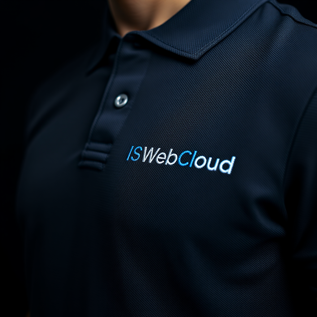 Embroidered ISWebCloud logo on a polo shirt.