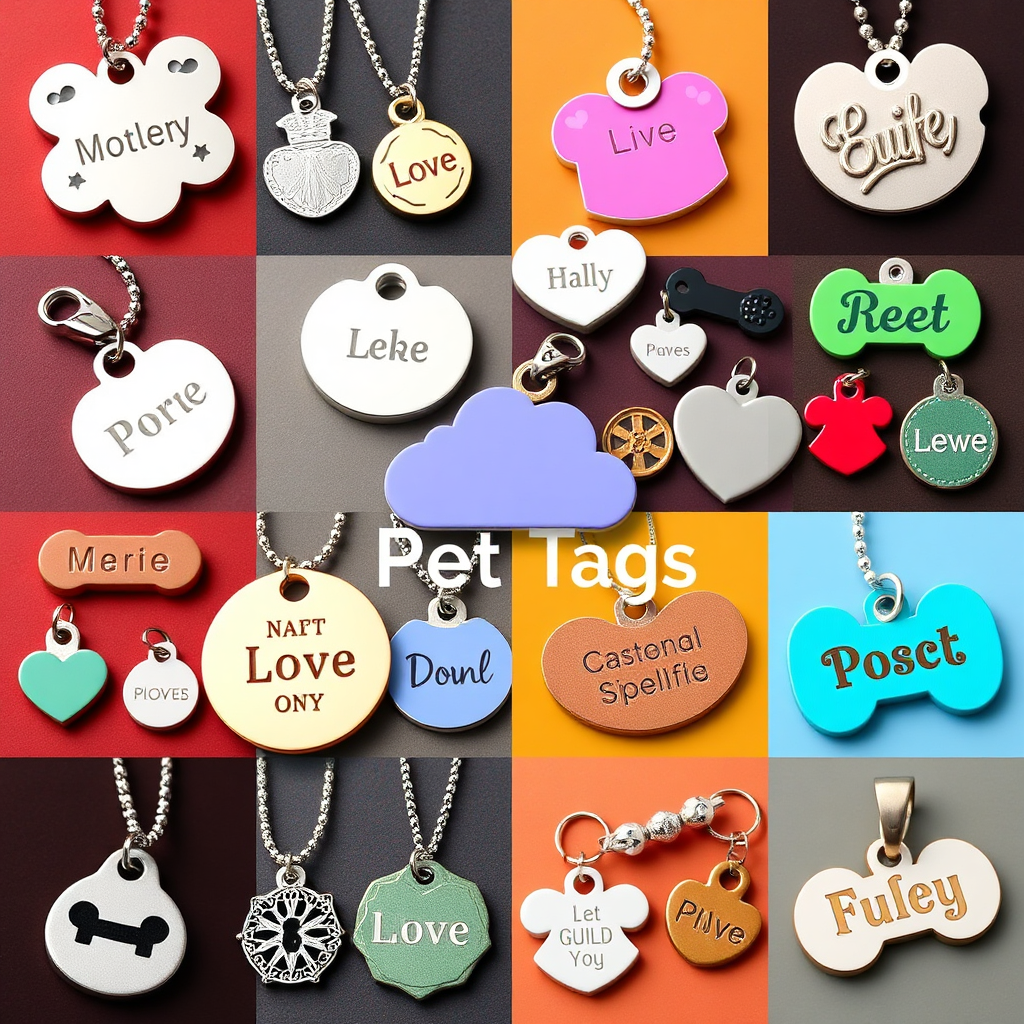A vibrant collage in 4k showcasing a diverse array of stylish pet tags from isWeb Cloud. The collage features different shapes, colors, materials, and engraving styles, demonstrating the wide variety of options available. Style: Product showcase.
