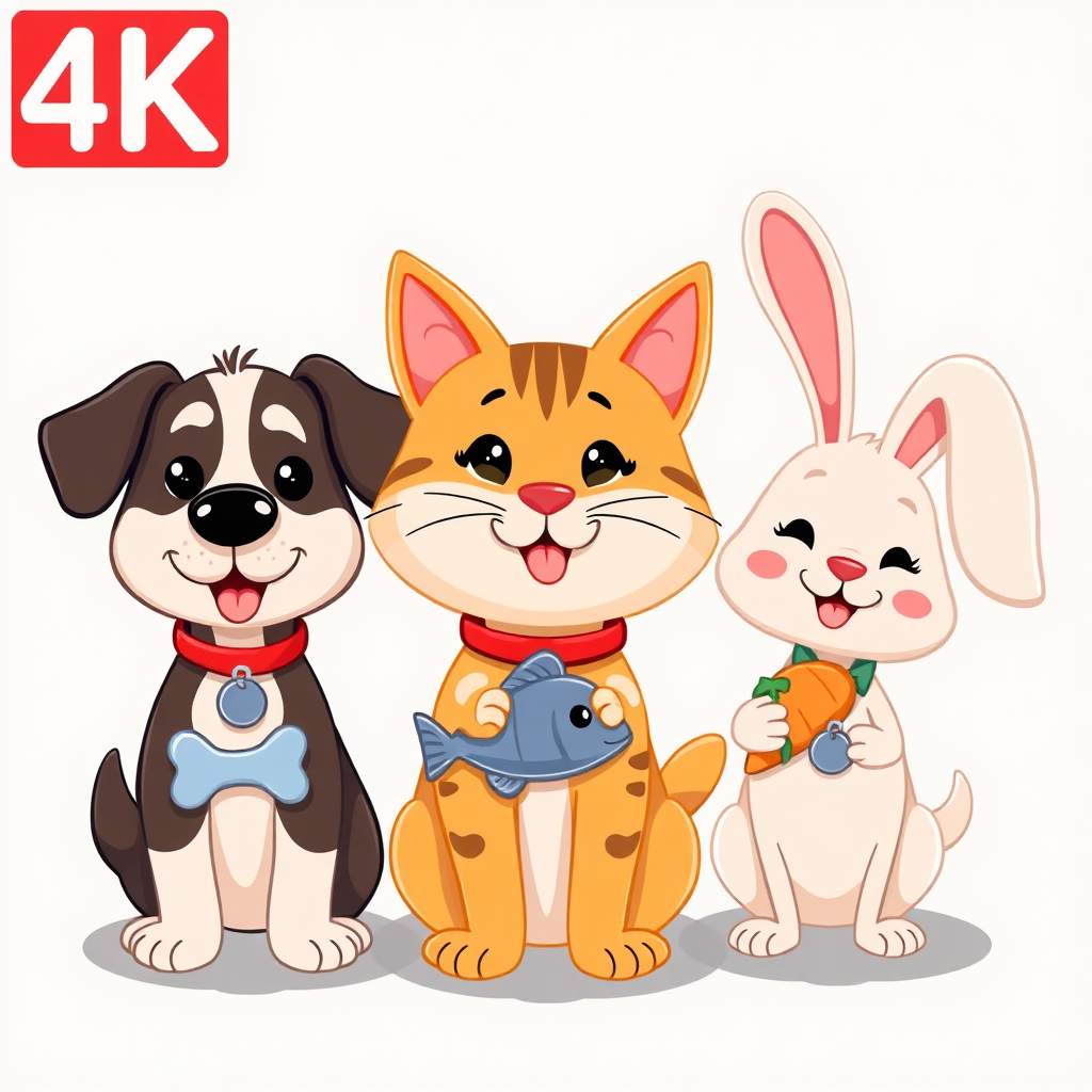 A whimsical 4K illustration of various stylized pets (dog, cat, bunny) each wearing a pet tag that perfectly reflects their personality. The dog's tag might be shaped like a bone, the cat's like a fish, and the bunny's like a carrot. The style should be playful and colorful. Style: Cartoon art.