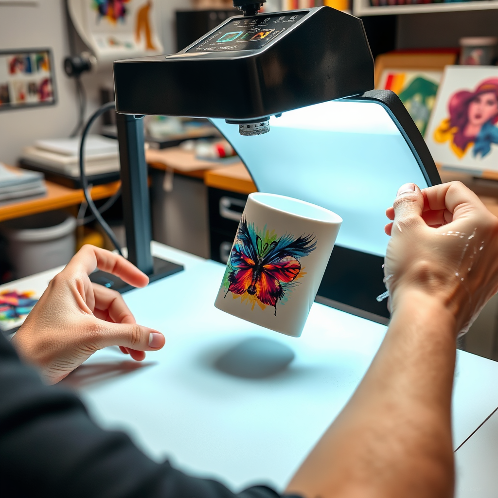 An artist's hands working on a sublimation project, transferring a colorful design onto a blank mug using a heat press. The scene is brightly lit, highlighting the precision and creativity involved in the process. The background is a well-equipped studio with various sublimation materials and equipment. The style is artistic and inspiring.