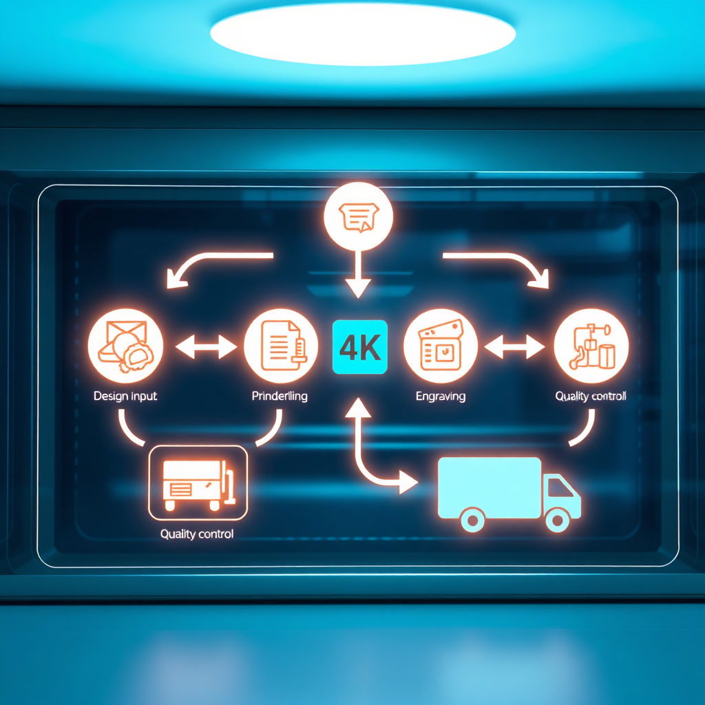 An image illustrating a simplified and efficient workflow process. The scene shows interconnected icons representing design input, 3D modelling, printing/engraving processes, quality control and delivery with arrows flowing seamlessly between them, all encased in a sleek, modern digital interface. Light is soft and diffused, with a color palette that inspires efficiency and innovation. 4k resolution.