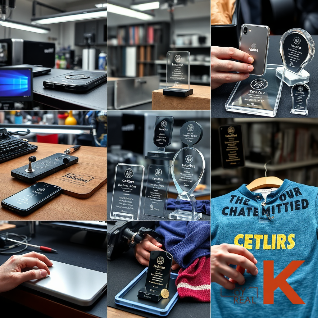 A vibrant and dynamic image showcasing a diverse array of products created through 3D printing, laser engraving, HTV, and sublimation. The scene features a 3D-printed miniature sculpture, a laser-engraved wooden plaque, a custom HTV-printed t-shirt, and a sublimated ceramic mug. The products are arranged in a visually pleasing and balanced composition, highlighting their unique textures, colors, and shapes. The lighting is warm and inviting, creating a sense of creativity and possibility. The color palette is bright and diverse, reflecting the versatility of the services offered. The camera angle is a medium shot, capturing the full range of products without sacrificing detail. Style reference: Modern product photography with a focus on visual appeal and diversity. 4k resolution.