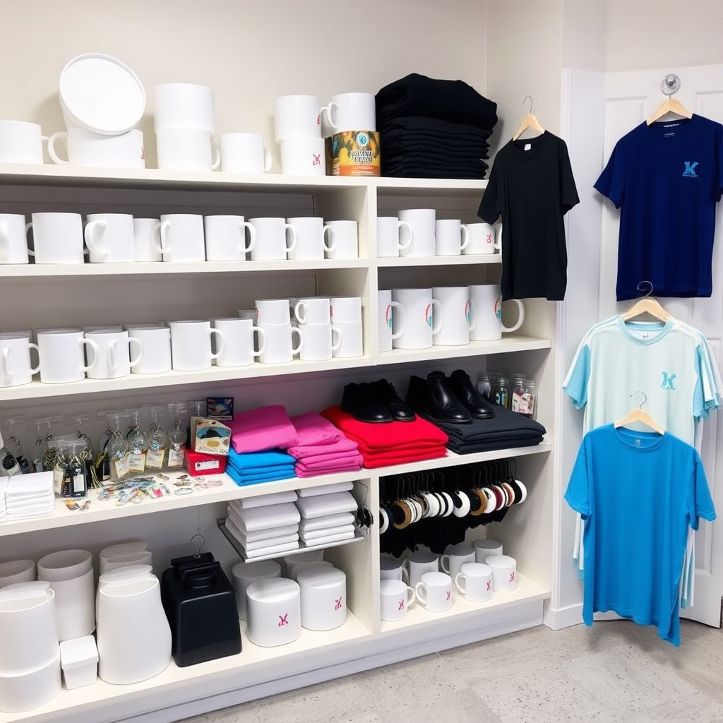 An organized display of sublimation blanks, including mugs, t-shirts, keychains, and other items, neatly arranged on shelves in a brightly lit studio. The lighting is clean and even, showcasing the variety of available products. The style is professional and inviting.