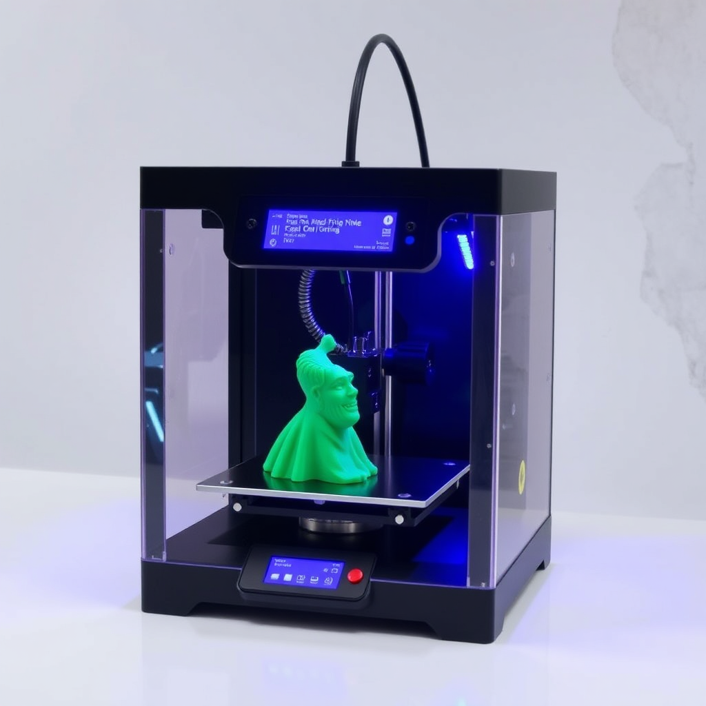 A 4K image showcasing a state-of-the-art 3D printer meticulously creating a complex, geometric object. The object is brightly lit from within, revealing its intricate internal structure. The background is clean and minimalist, with a focus on the printer and the object being created. The color palette is modern and high-tech, with a focus on metallic silvers and blues.