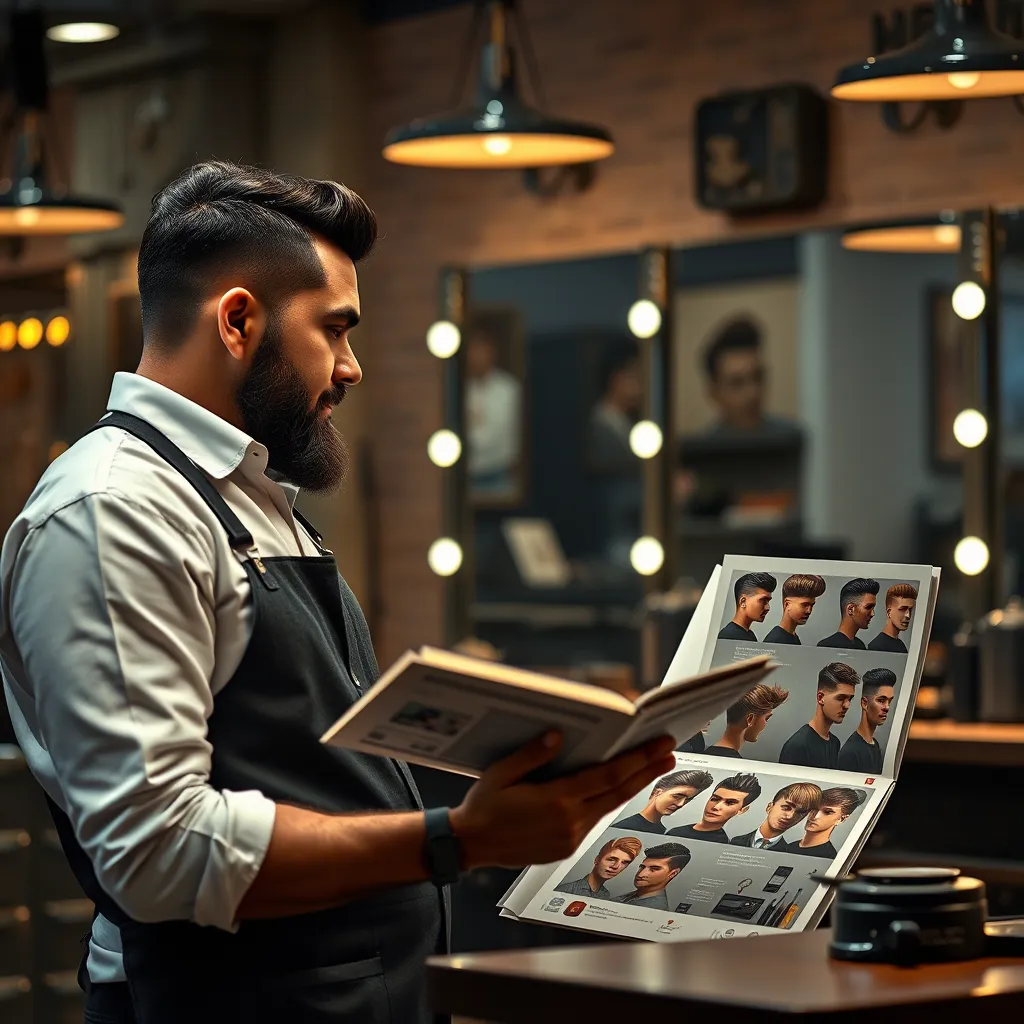 A barber and a customer having a conversation while looking at a style book, with a variety of hairstyles displayed, in a well-lit, stylish barber shop setting.
