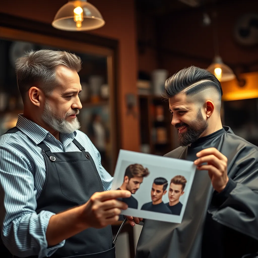 A barber listening intently to a client, who is describing their desired haircut. The client is holding a picture of their desired style. The barber has a friendly and professional demeanor, and the barbershop has a warm and welcoming ambiance. The image should emphasize the importance of effective communication between the barber and the client.