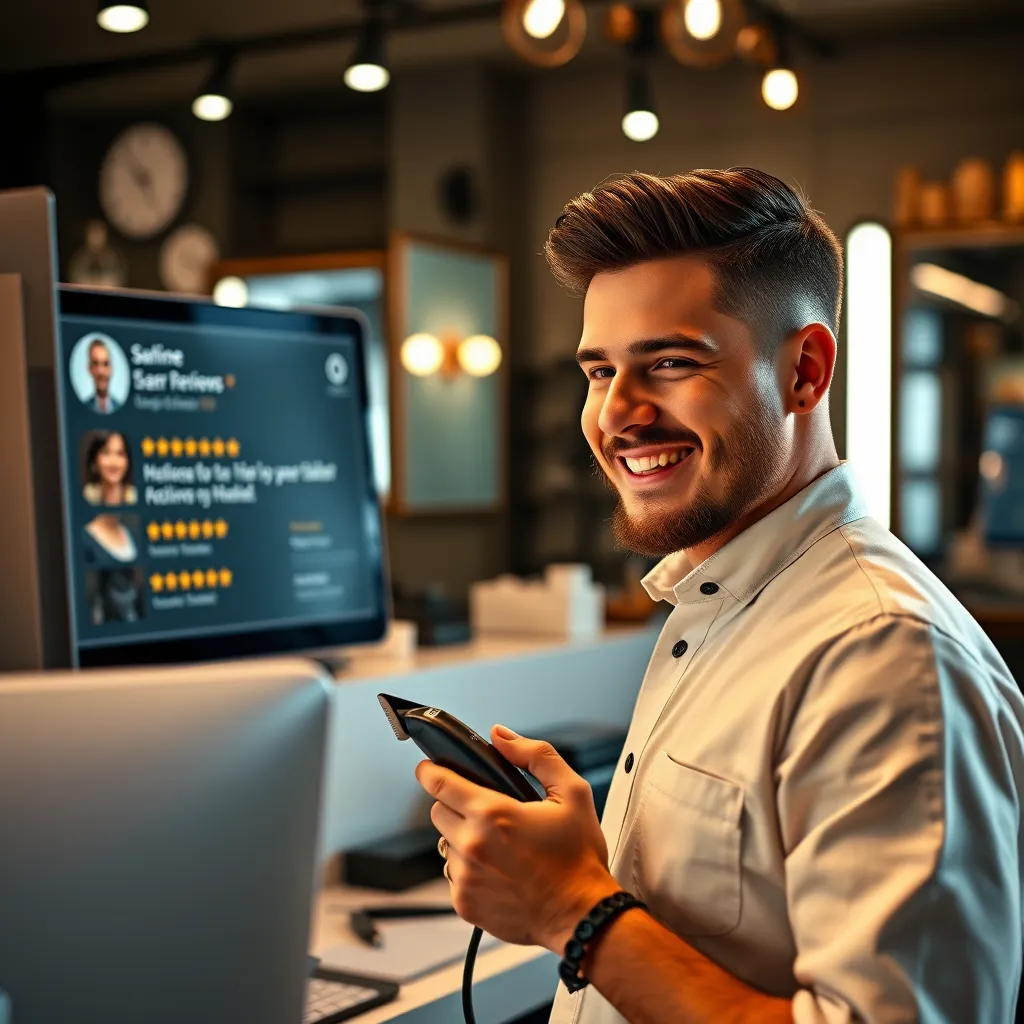 A barber with a friendly smile, holding a pair of clippers, standing in front of a computer, looking at a customer's online reviews on the screen, in a modern barber shop setting with stylish decorations.