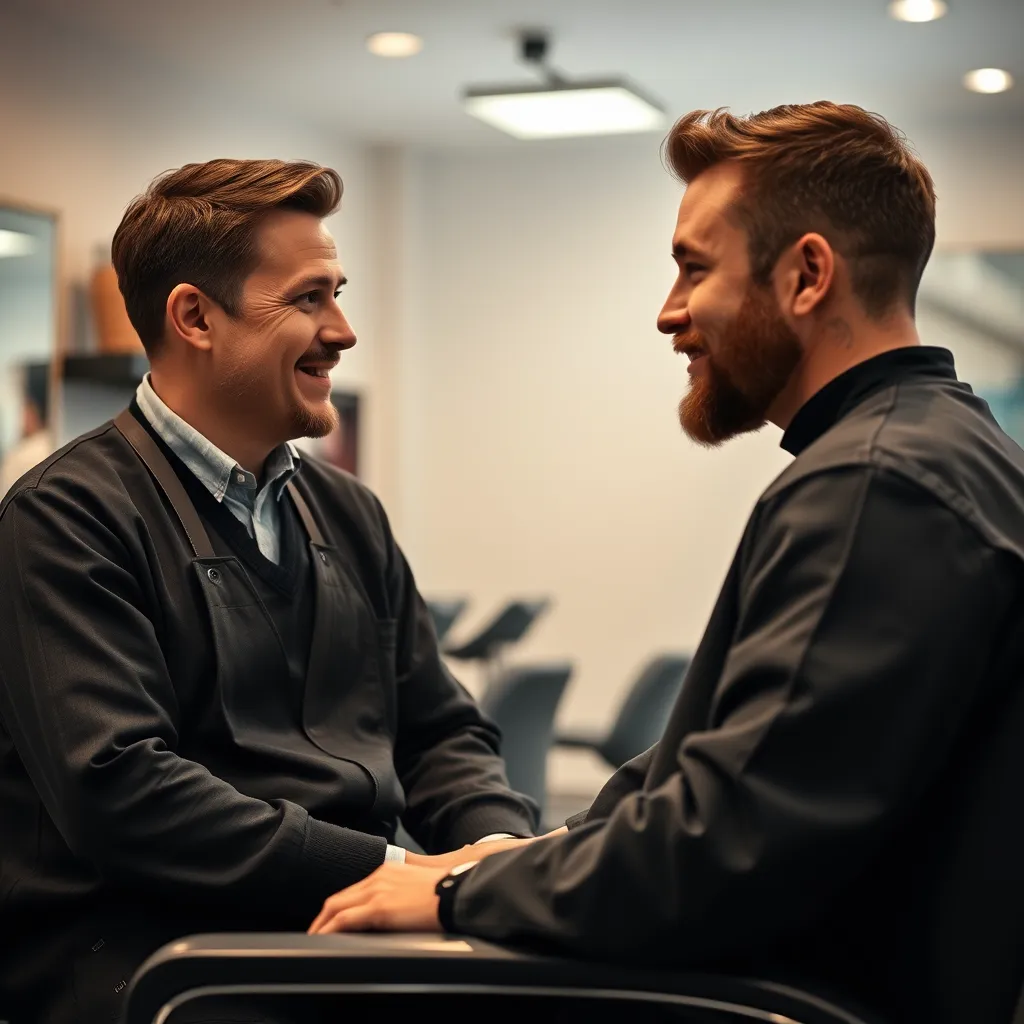 A calm and professional barber and a client are sitting face-to-face in a well-lit barber shop, having a conversation. The barber has a warm and friendly expression, while the client is looking attentively, engaged in the conversation. The image captures the moment where the client is asking a question to the barber, creating a sense of trust and communication. The barber shop is modern and minimalist, with a clean and organized space. The image should be rendered in a realistic style, with soft lighting and a subtle color palette.