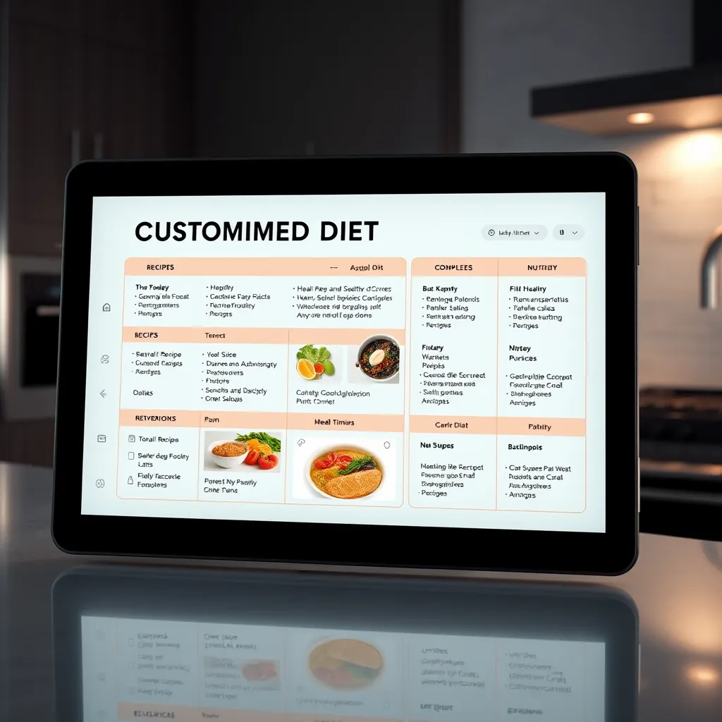 A close-up, highly detailed image of a digital tablet displaying a customized diet plan, complete with healthy recipes, nutritional information, and meal timings. The tablet screen is bright and clear, showcasing vibrant colors and aesthetically pleasing typography. The background is a minimalist, modern kitchen, with sleek countertops and stainless steel appliances.  The lighting is soft and diffused, illuminating the tablet screen without any harsh glare.  Focus on creating a sense of clarity and organization, emphasizing the ease of use and effectiveness of the customized diet plans. Render this image in ultra-high resolution with hyperrealistic details and textures, paying close attention to the tablet's screen display.