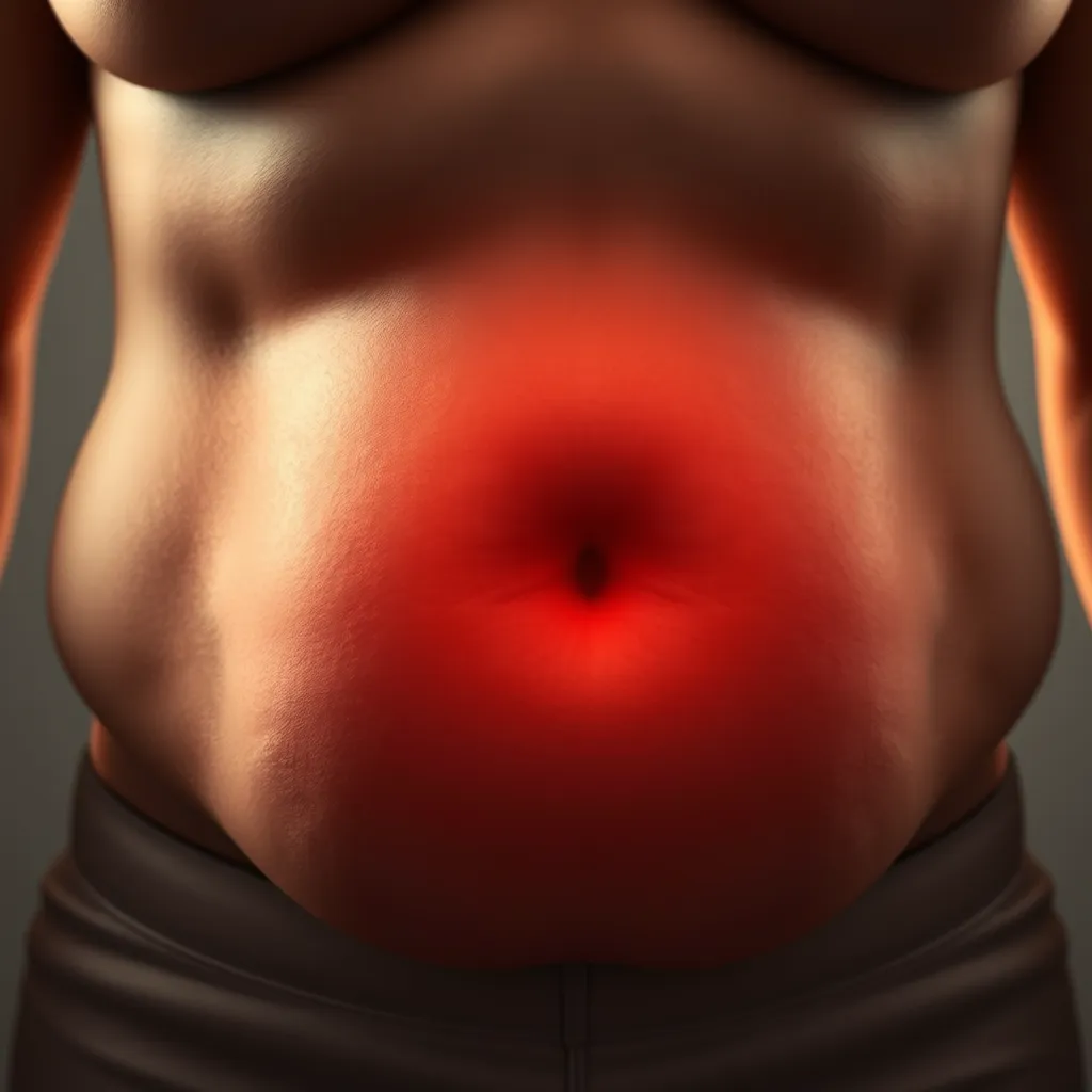 A close-up image of a person's abdomen, showing both subcutaneous and visceral fat. The image should be realistic and emphasize the different types of fat. Use soft, warm lighting to create a sense of concern and focus on the health implications of belly fat.