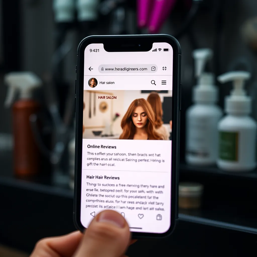 A close-up image of a smartphone screen showing a website with online reviews of a hair salon, with a blurred background of hair styling tools and products.