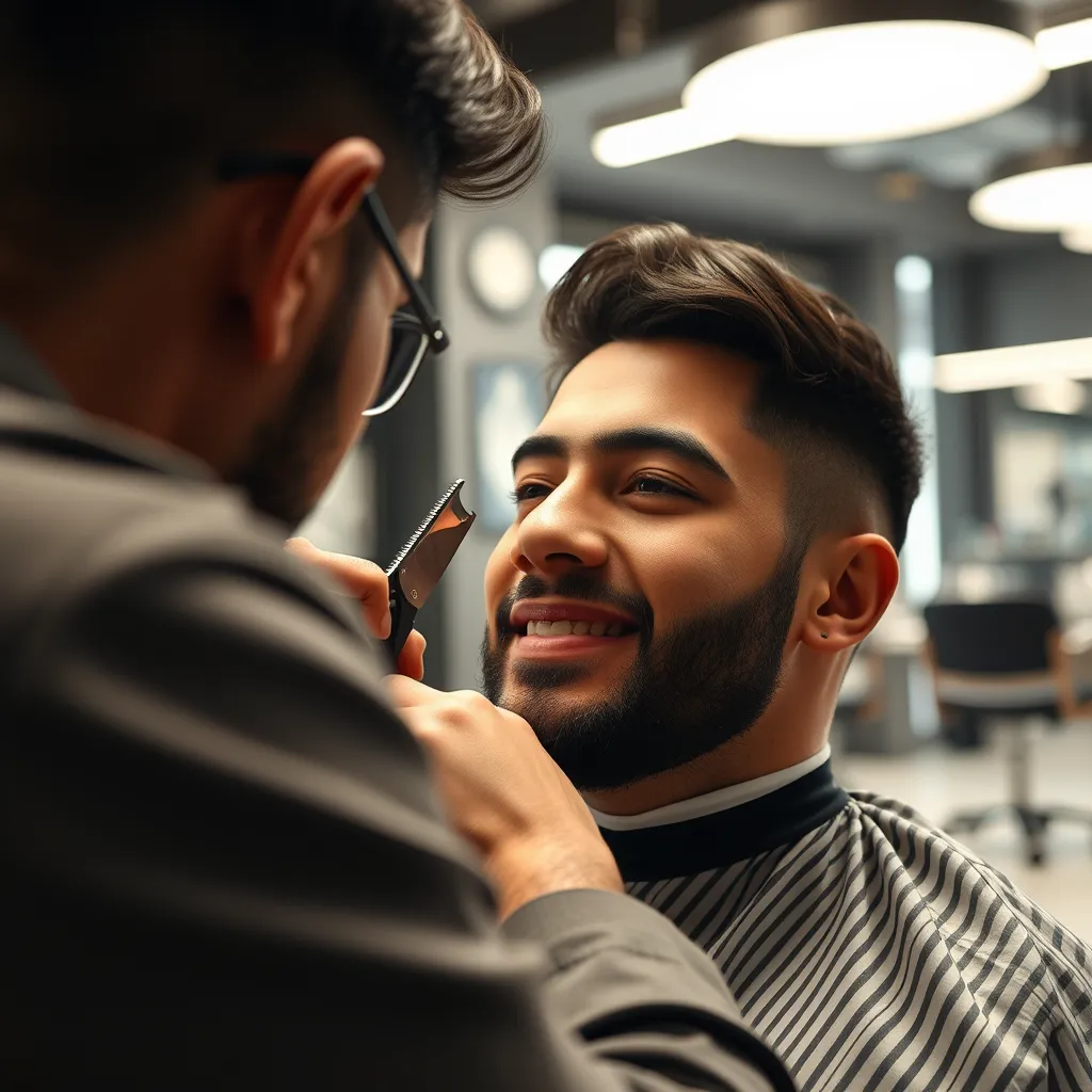 A close-up photo of a barber meticulously cutting a customer's hair, showing off their skillful technique. The customer should look relaxed and satisfied. The background should be a well-lit, modern barbershop with sleek tools and a professional atmosphere. The image should convey a sense of trust and expertise.