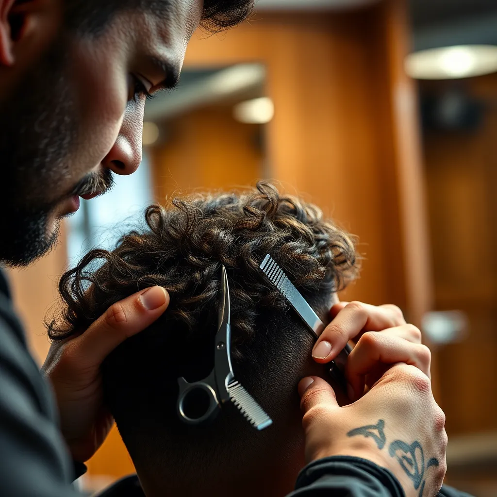 A close-up portrait of a barber examining a client's hair with a comb and shears, with soft, natural lighting. The barber is focused and attentive, showcasing expertise. The client has a variety of hair textures, including thick, fine, curly, and straight. The scene is set in a clean and modern barber shop with warm wood tones and subtle lighting.  The image should be ultra-realistic, 8K resolution, and capture the intimacy and trust between a barber and their client.