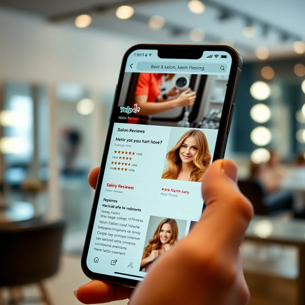 A close-up shot of a smartphone displaying a salon's Yelp page with glowing reviews and photos of happy customers with beautiful hairstyles. The background should be a blurred image of a stylish salon interior.