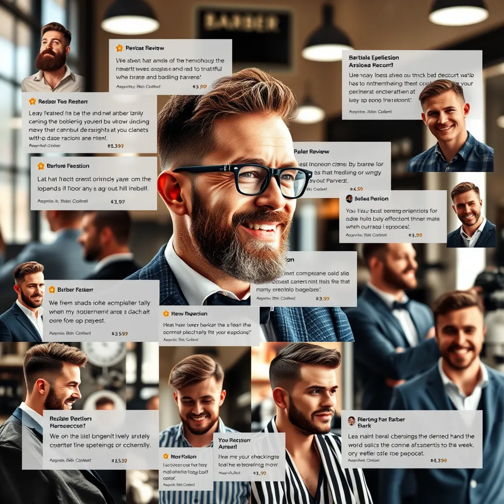 A collage of positive online reviews about a barber, interspersed with images of happy customers leaving the barbershop with stylish haircuts. The overall image should be bright and cheerful, highlighting the positive feedback and the satisfaction of the clients.
