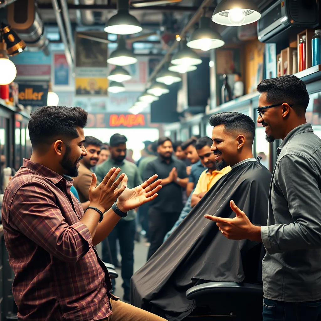 A dynamic, energetic scene in a bustling barbershop with a diverse group of clients and barbers. The focus is on a client confidently communicating their desired haircut to a barber, using hand gestures and specific terminology. The barber is listening intently and offering suggestions. The backdrop is a vibrant, urban environment with a mix of traditional and modern barber shop elements. The image should have a lively, positive energy and be rendered in a photorealistic style, with high detail and vibrant color.