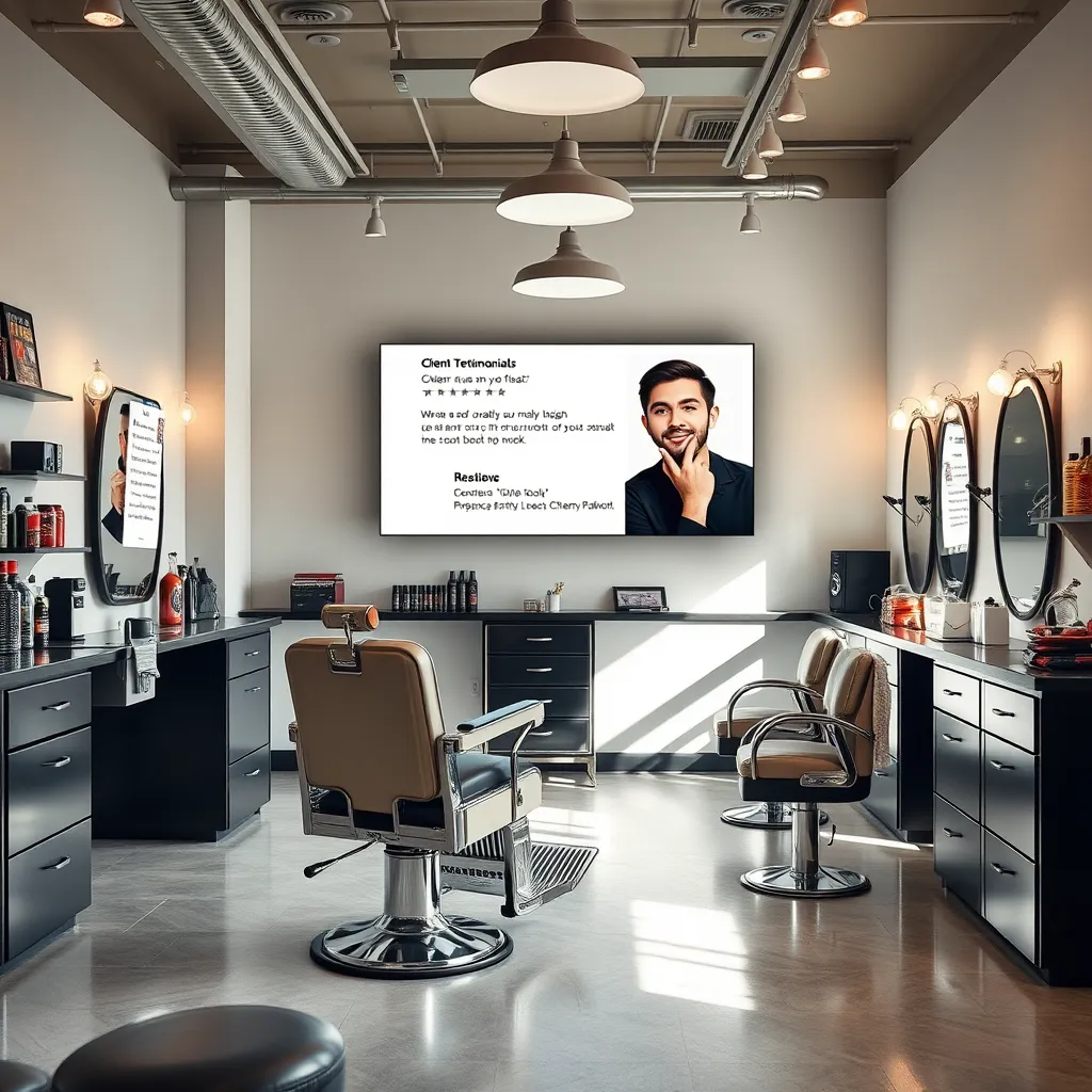 A modern barbershop with a clean and inviting atmosphere, showcasing client testimonials on a screen. The barbershop is filled with natural light and has a vintage barber chair. The image should highlight the importance of online reviews and social media presence in choosing a good barber.