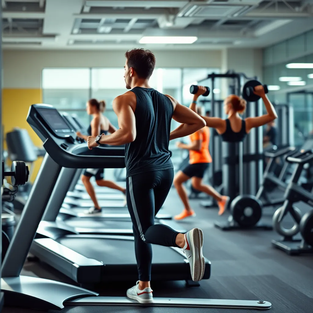 A person in a gym setting, performing a combination of cardio and strength training exercises. The image should showcase dynamic movements, including running on a treadmill, lifting weights, and doing squats. The background should be a well-equipped gym, emphasizing the fitness environment.