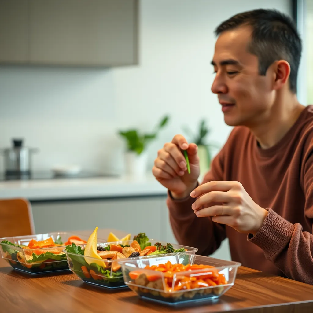 A person sitting at a table enjoying a healthy, pre-packaged meal. The meal should look appealing and contain various colorful ingredients. The background should be a modern kitchen or a minimalist dining area, suggesting a convenient and stylish way to eat healthy.