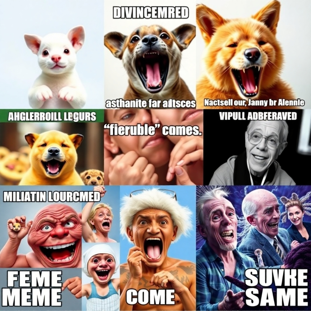A photorealistic collage showcasing a variety of meme styles.  One section shows wholesome animal memes, another features sarcastic text-based memes, and a third shows more absurd and surreal memes.  Each section should be visually distinct but part of a cohesive whole, highlighting the diversity of meme humor. High resolution, vibrant colors, clean layout.