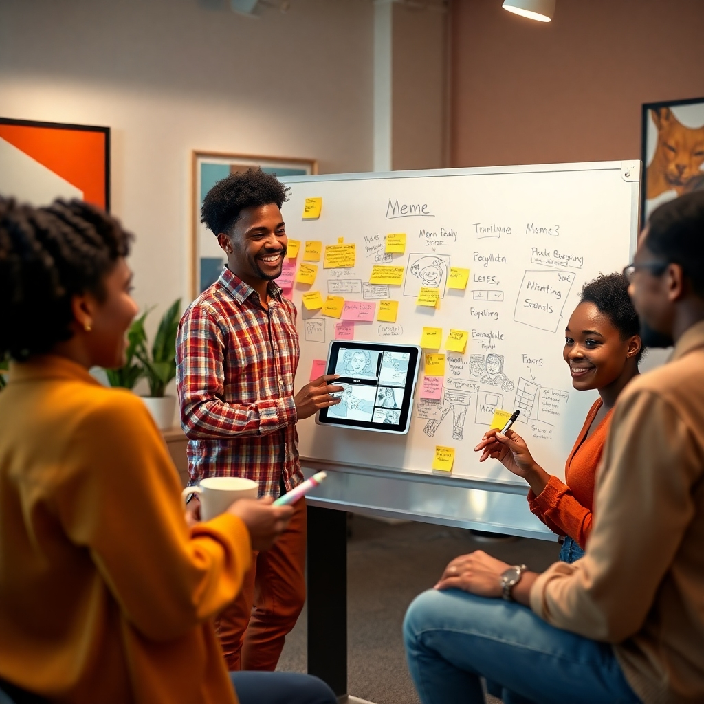 A photorealistic image, 8K resolution, hyperrealistic detail, soft diffused lighting, warm color palette evoking creativity and fun.  The scene: A brainstorming session in a modern, minimalist office. Three diverse individuals are gathered around a large whiteboard covered in colorful sticky notes, sketches, and meme ideas.  One person is holding a tablet displaying various meme templates. The mood is energetic and collaborative. The camera angle is slightly elevated, offering a dynamic perspective. Textures and materials include the smooth whiteboard surface, the slightly rough texture of the sticky notes, and the metallic finish of the tablet. Background elements are subtly blurred to keep the focus on the individuals. The style is similar to the work of Annie Leibovitz, emphasizing candid moments and authentic interactions.  Environmental elements include potted plants and modern artwork on the walls, enhancing the office's contemporary vibe.  Props include markers, pens, and coffee cups. The overall feel is vibrant and optimistic, emphasizing the innovative and creative process of meme creation.