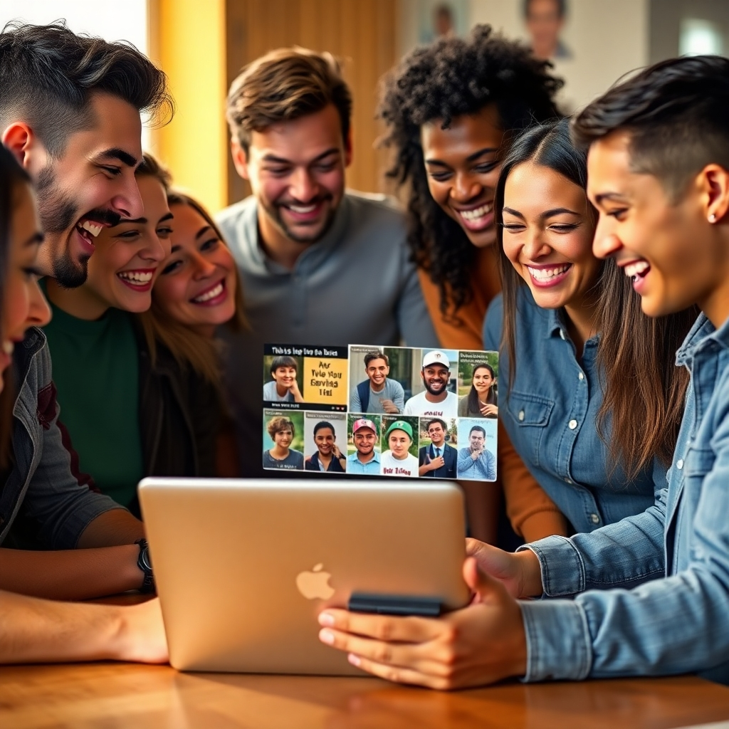 A photorealistic image depicting a diverse group of young adults laughing together around a laptop, viewing a meme page.  The laptop screen should clearly display several popular memes, and the atmosphere should be bright and lively, conveying a sense of shared amusement and connection. High resolution, detailed expressions, warm lighting.