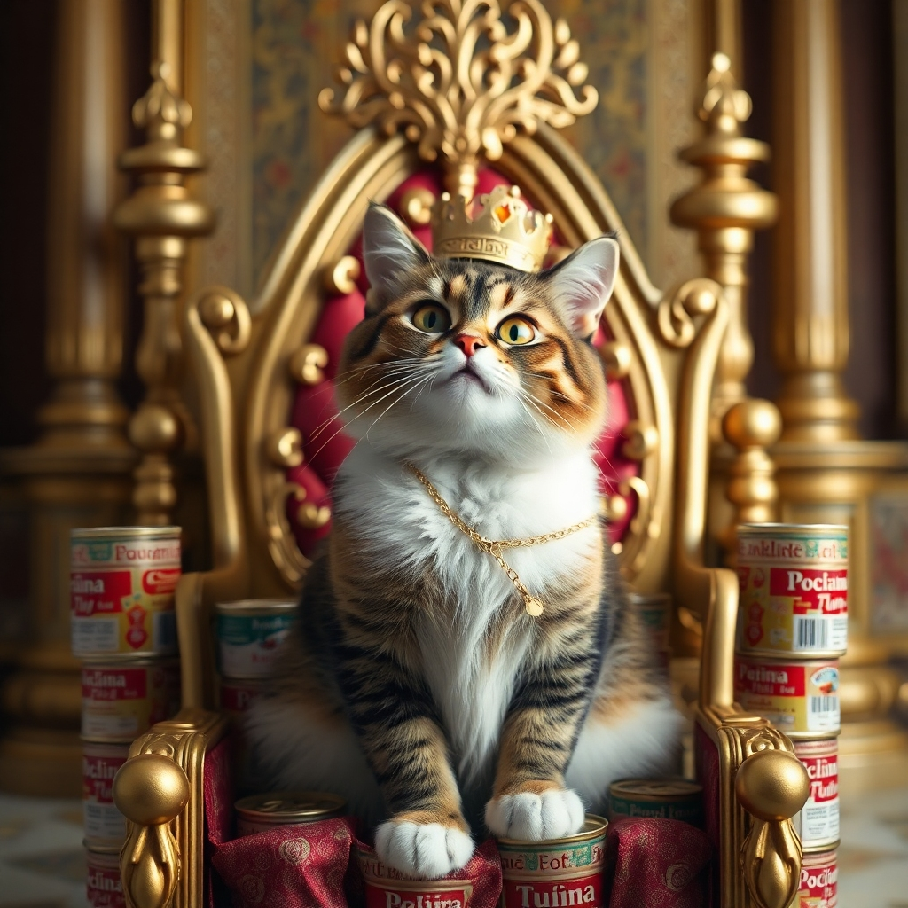 A photorealistic image of a cat sitting majestically on a throne made of empty tuna cans, wearing a tiny crown, with a look of regal amusement, in a palace setting made of everyday household items, with highly detailed textures and lighting