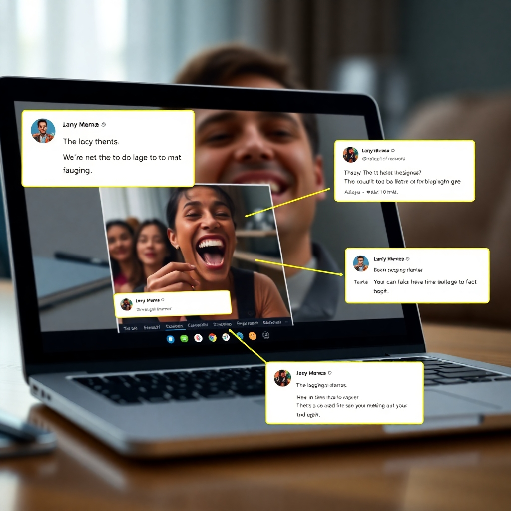 A photorealistic image of a close-up shot of a laptop screen displaying a popular meme, with highlighted sections showing the image, caption, and comments, showcasing the different parts of a meme's structure. The background should be a slightly blurred view of a person laughing at the meme. High detail, sharp focus, vibrant colors.