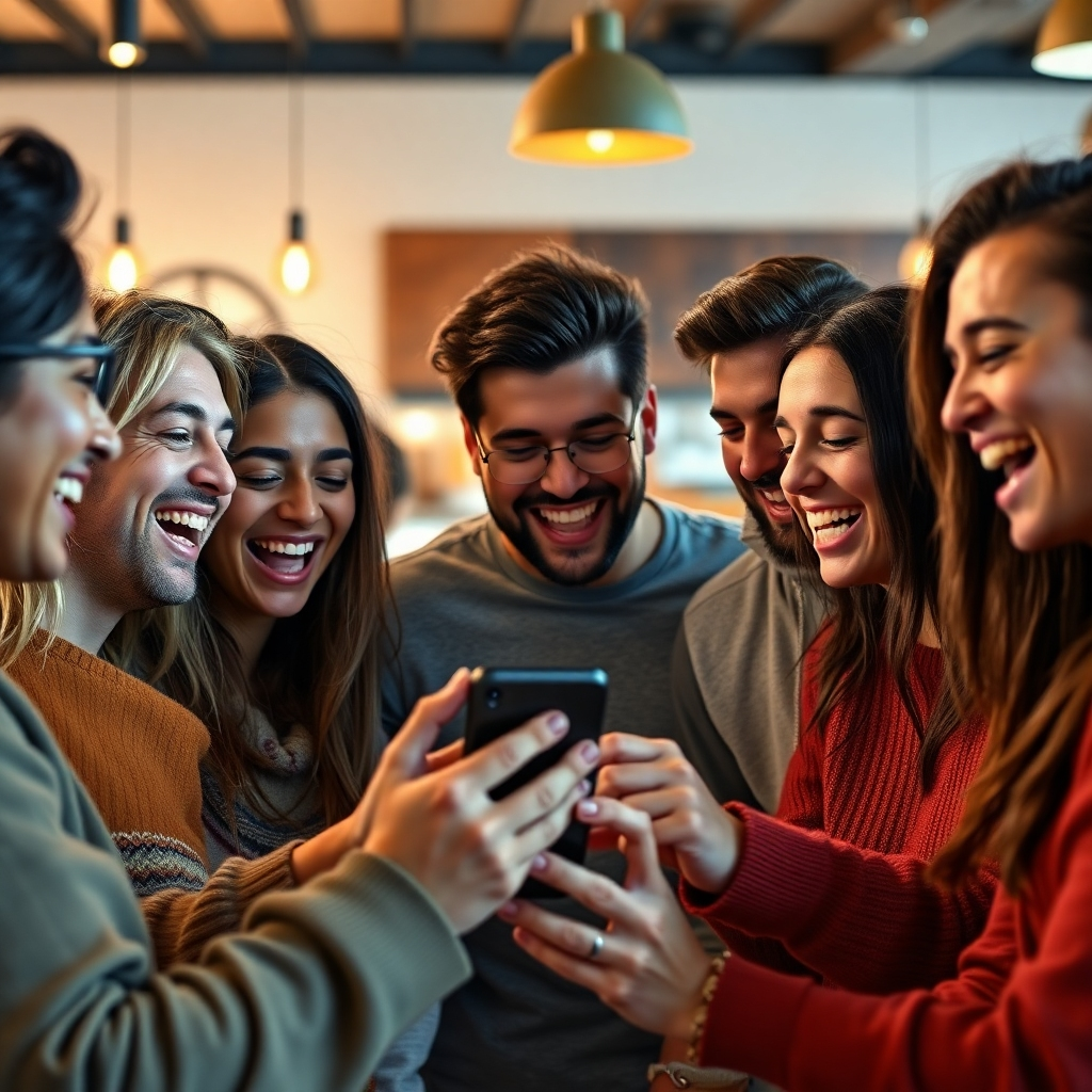 A photorealistic image of a group of diverse young adults gathered around a phone, all laughing hysterically while looking at a meme page. The phone should display a funny meme, and the background should be a brightly lit coffee shop with warm lighting. High detail, sharp focus, vibrant colors.