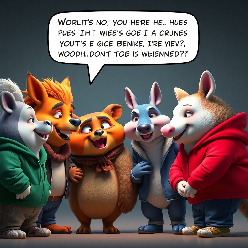 A photorealistic image of a group of cartoon animals, dressed in human clothing, engaging in a witty wordplay-based conversation, the scene brightly lit, with a comic book-style speech bubble above their heads, including clever puns and wordplay, with a highly detailed style