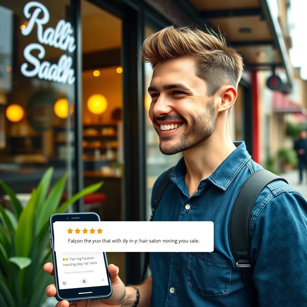 A photorealistic image of a happy customer leaving a hair salon with a stylish haircut. The image should include a positive online review on a mobile phone screen, showcasing the salon's high rating. In the background, the salon's exterior with a vibrant and inviting ambiance should be visible.