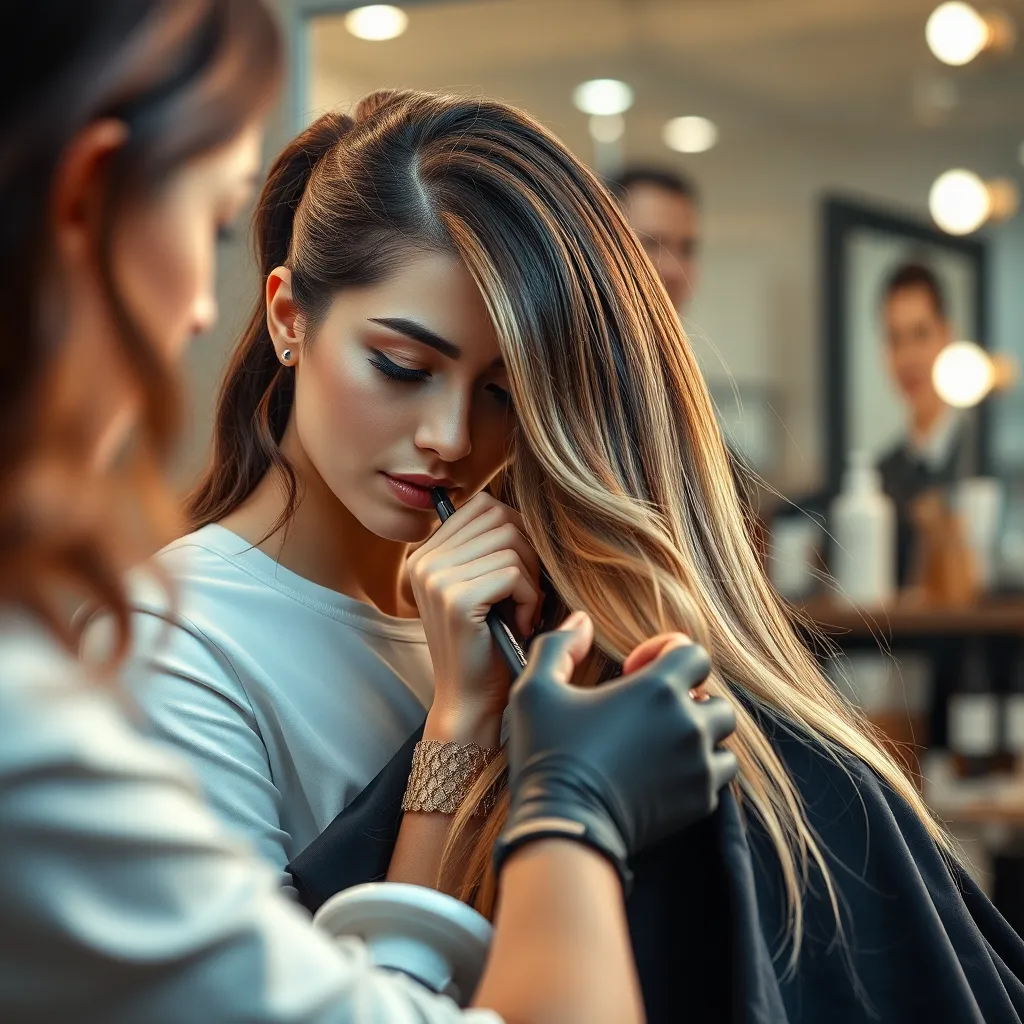 A photorealistic image of a hairstylist working on a client's hair, showcasing their expertise in a specific technique like balayage or hair extensions. The image should depict a professional setting with high-quality tools and products.