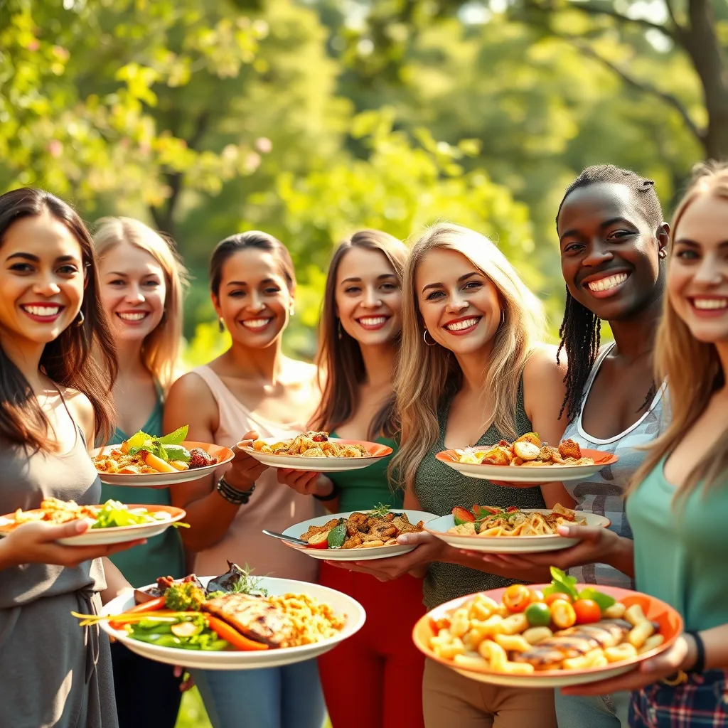 A photorealistic image of a healthy, diverse group of people (ages 20-50) of varying ethnicities and body types, all smiling and looking happy and confident. They are standing in a sunny outdoor park setting, surrounded by lush greenery and flowers. Each person is holding a colorful plate filled with delicious and healthy food, like grilled chicken, fresh vegetables, and whole grain pasta. The lighting is warm and natural, creating a vibrant and positive mood.  The image has a shallow depth of field, focusing on the people and food, with the background slightly blurred. The overall style is bright, cheerful, and aspirational, evoking a sense of healthy living and well-being.  Render this image in ultra-high resolution with realistic details, textures, and lighting effects.