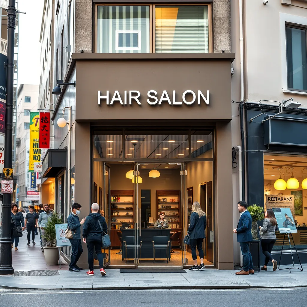A photorealistic image of a modern hair salon located in a bustling city street, with people entering and leaving the salon.  There should be a clear sign indicating the salon's name. In the background, you can see shops and restaurants, emphasizing its convenient location. 