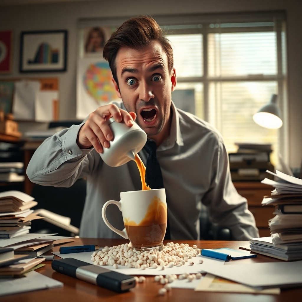 A photorealistic image of a person dramatically spilling their coffee, with a comedic expression on their face, surrounded by other relatable office chaos, such as a cluttered desk and overflowing inbox, with a slightly exaggerated, comedic lighting style