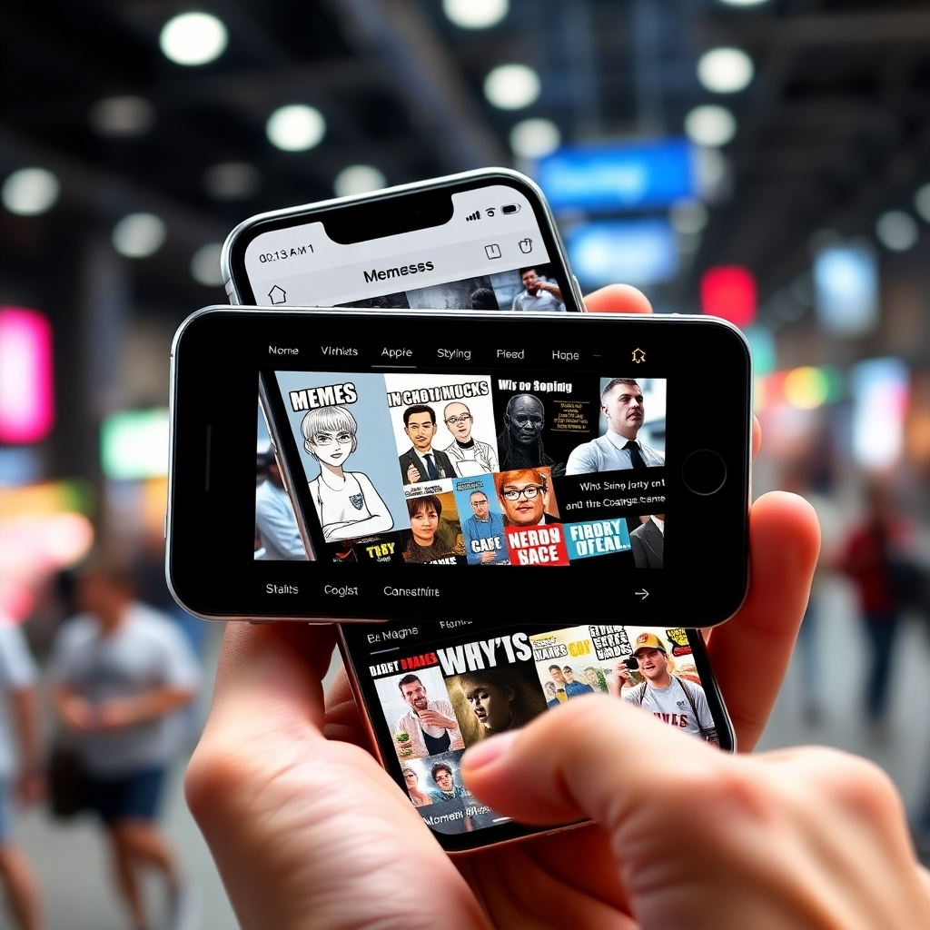 A photorealistic image of a phone screen displaying a meme page's feed. The memes should represent a mix of current popular memes, some trending and others classic. The phone should be held in a hand, emphasizing the immediacy and accessibility of meme culture. The background should subtly reflect a busy social media environment, hinting at the fast-paced nature of meme trends. High resolution, realistic textures, dynamic composition