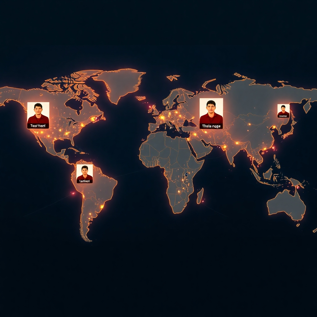 A photorealistic image of a world map with highlighted areas representing the spread of a viral meme. Each area should show a different iteration or variation of the meme, showcasing the trend's evolution. The image should use a dynamic and stylized representation of a global network connecting different regions. High detail, sharp focus, vibrant colors.