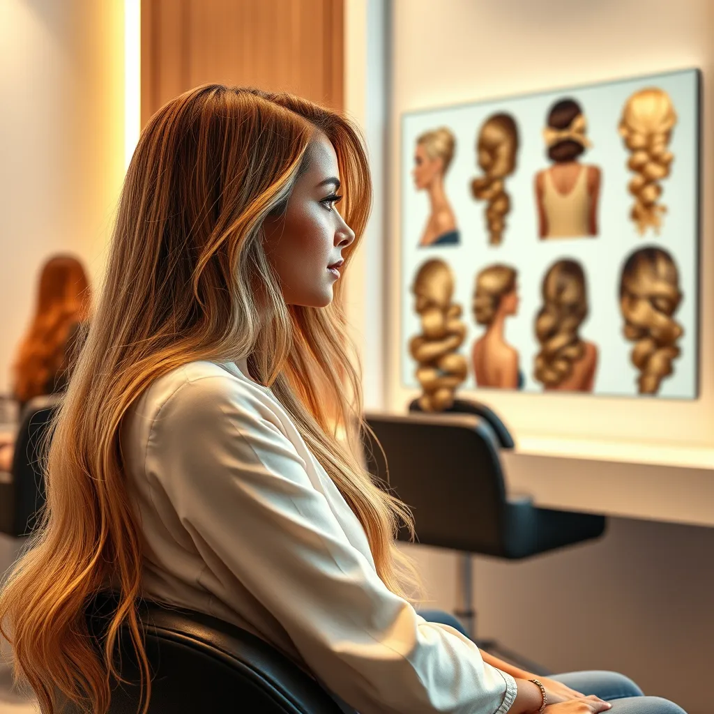 A photorealistic image of a woman with long, flowing hair, sitting in a salon chair, thoughtfully looking at a mirror with different hairstyles displayed. The lighting is warm and inviting, with soft, diffused light highlighting the woman's features. The salon is modern and minimalist, with sleek white walls and wooden accents. The mirror is reflecting a variety of hairstyles, from elegant updos to casual waves, showcasing the salon's diverse offerings. The woman's expression is one of excitement and anticipation, as she envisions her future hairstyle. Render in 8K resolution with hyperrealistic detail, in the style of a high-end hair salon advertisement.