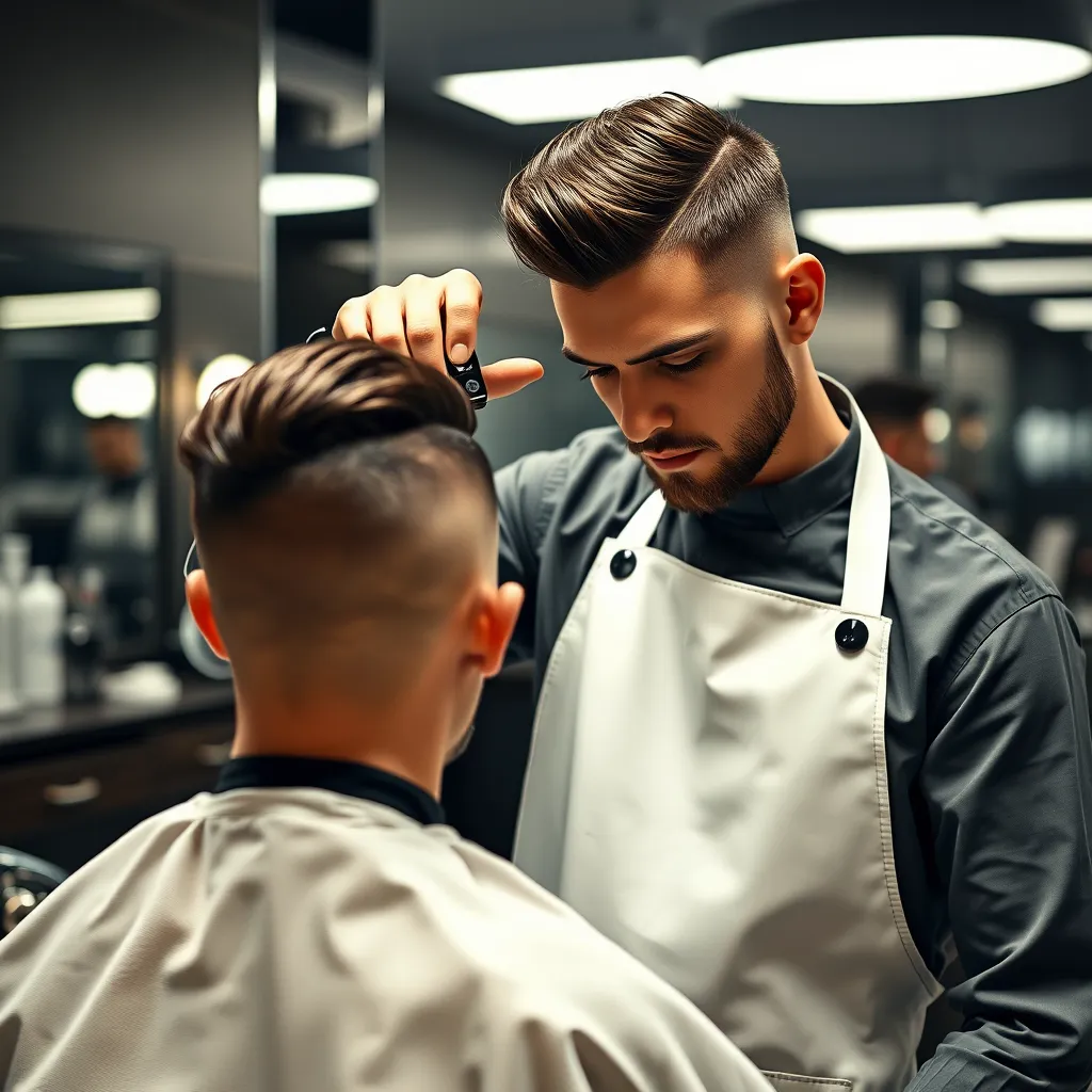 A skilled barber with a sharp haircut, standing in front of a mirror, carefully using clippers on a client's hair. The barber is wearing a white apron, and the barbershop is sleek and modern with a vintage touch. The image should convey precision, expertise, and attention to detail.